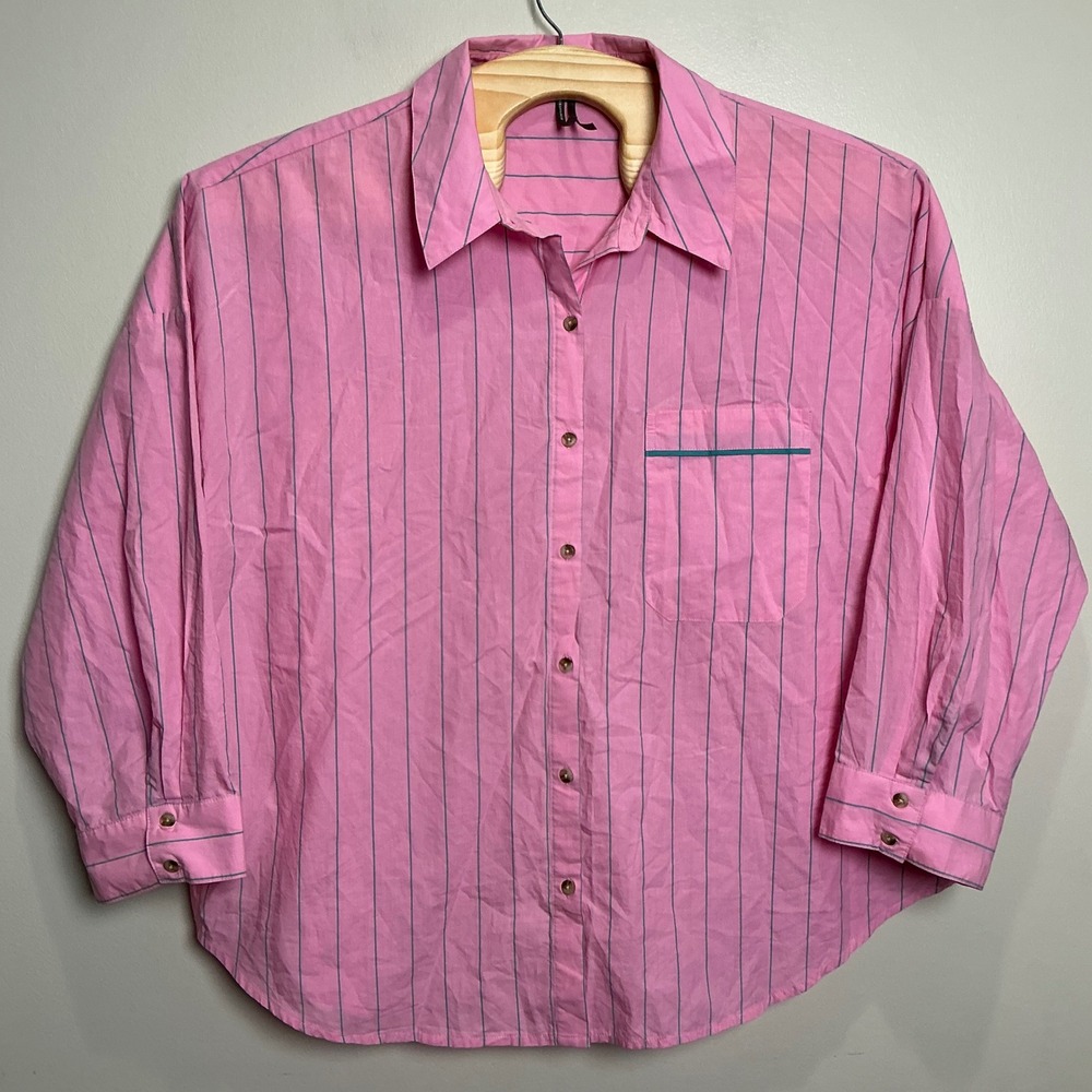 Anthropologie Oversized Button Down Shirt Relaxed Women's M Pink Striped Pocket